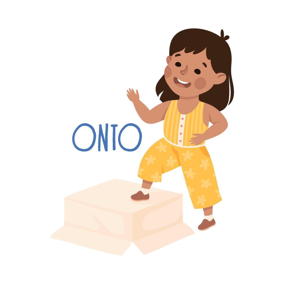 Little Girl Standing Onto Cardboard Box as Preposition Demonstration Illustration vector