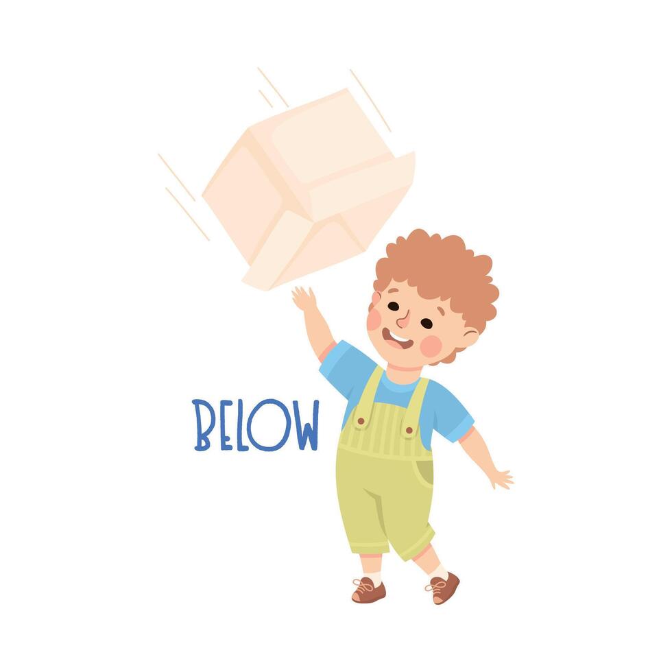 Little Boy Below Cardboard Box as Preposition Demonstration Illustration vector