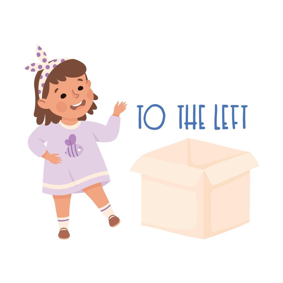 Little Girl Standing to the Left from Cardboard Box as Preposition Demonstration Illustration vector