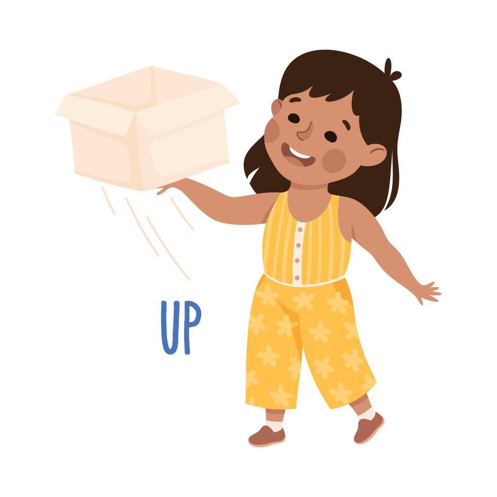 Little Girl Raising Cardboard Box Up as Preposition Demonstration Illustration vector