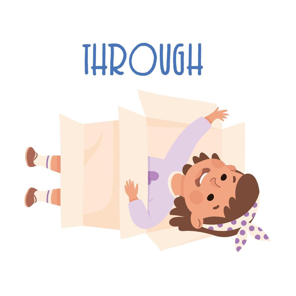 Little Girl Creeping Through Cardboard Box as Preposition Demonstration Illustration vector