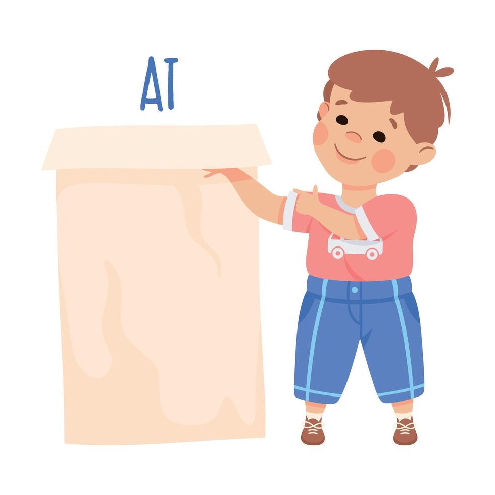 Little Boy Standing At the Cardboard Box as Preposition Demonstration Illustration vector