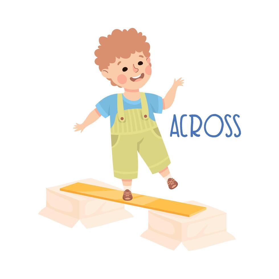 Little Boy Walking Across Cardboard Box Along Plank as Preposition Demonstration Illustration vector