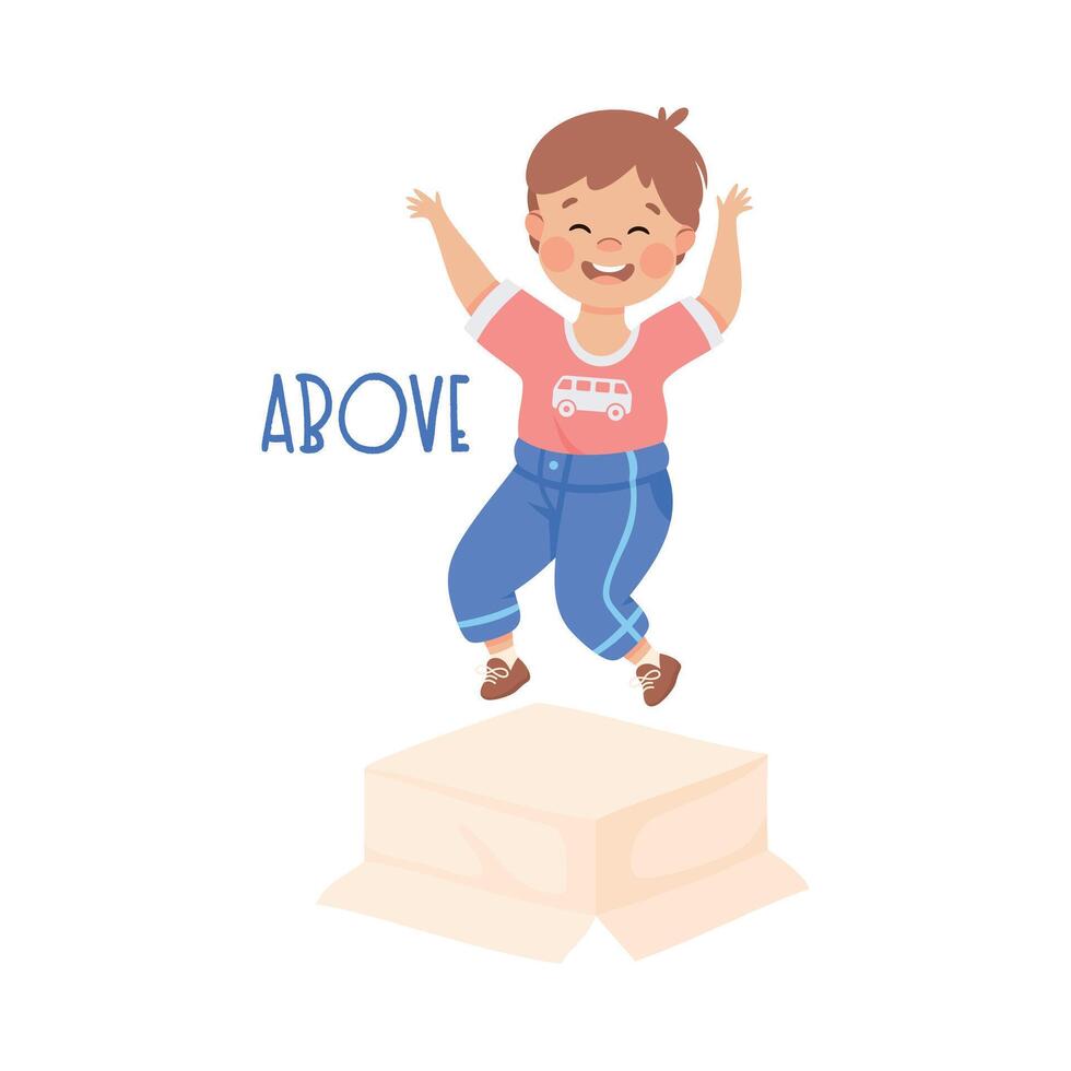 Little Boy Jumping Above Cardboard Box as Preposition Demonstration Illustration vector