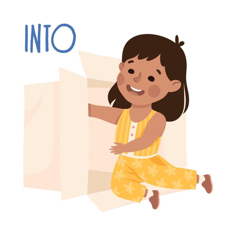 Little Girl Sitting Into Cardboard Box as Preposition Demonstration Illustration vector