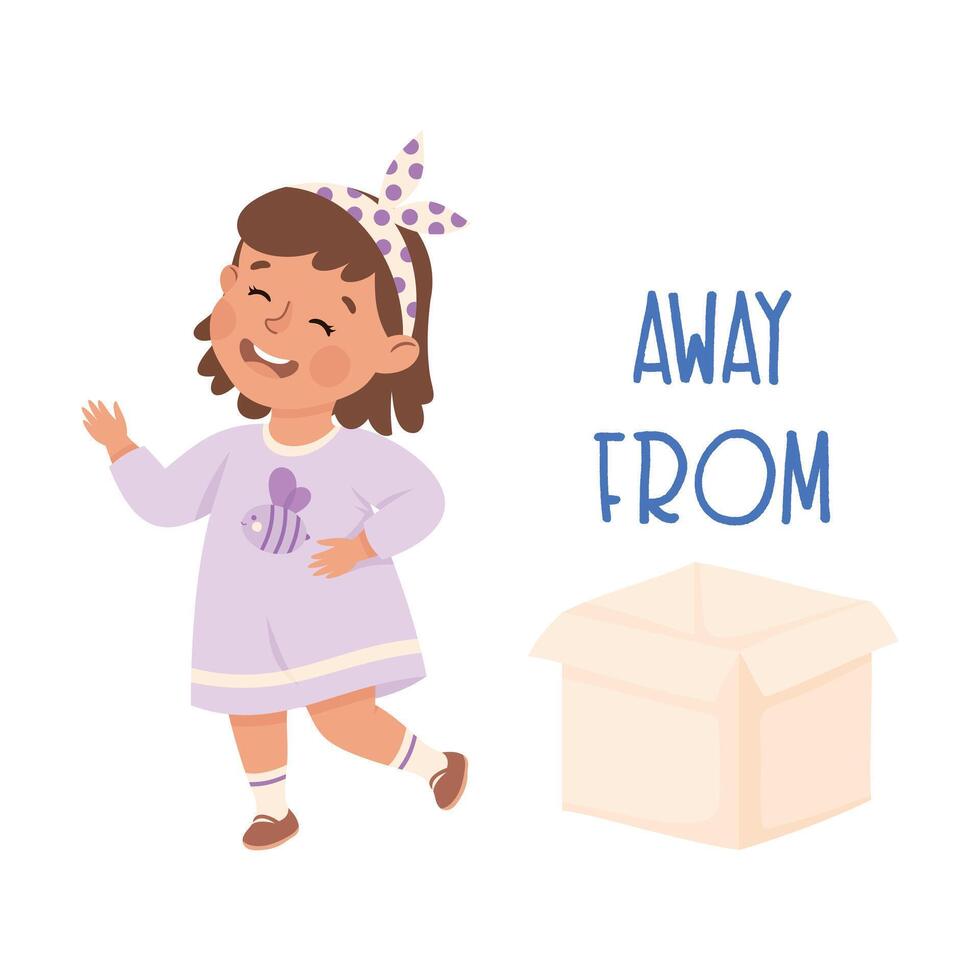 Little Girl Running Away From Cardboard Box as Preposition Demonstration Illustration vector
