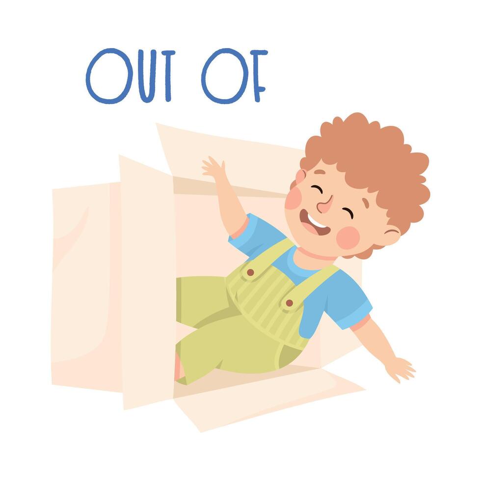 Little Boy Looking Out of Cardboard Box as Preposition Demonstration Illustration vector