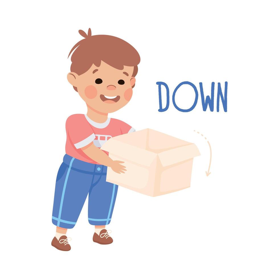 Little Boy Dropping Cardboard Box Down as Preposition Demonstration Illustration vector