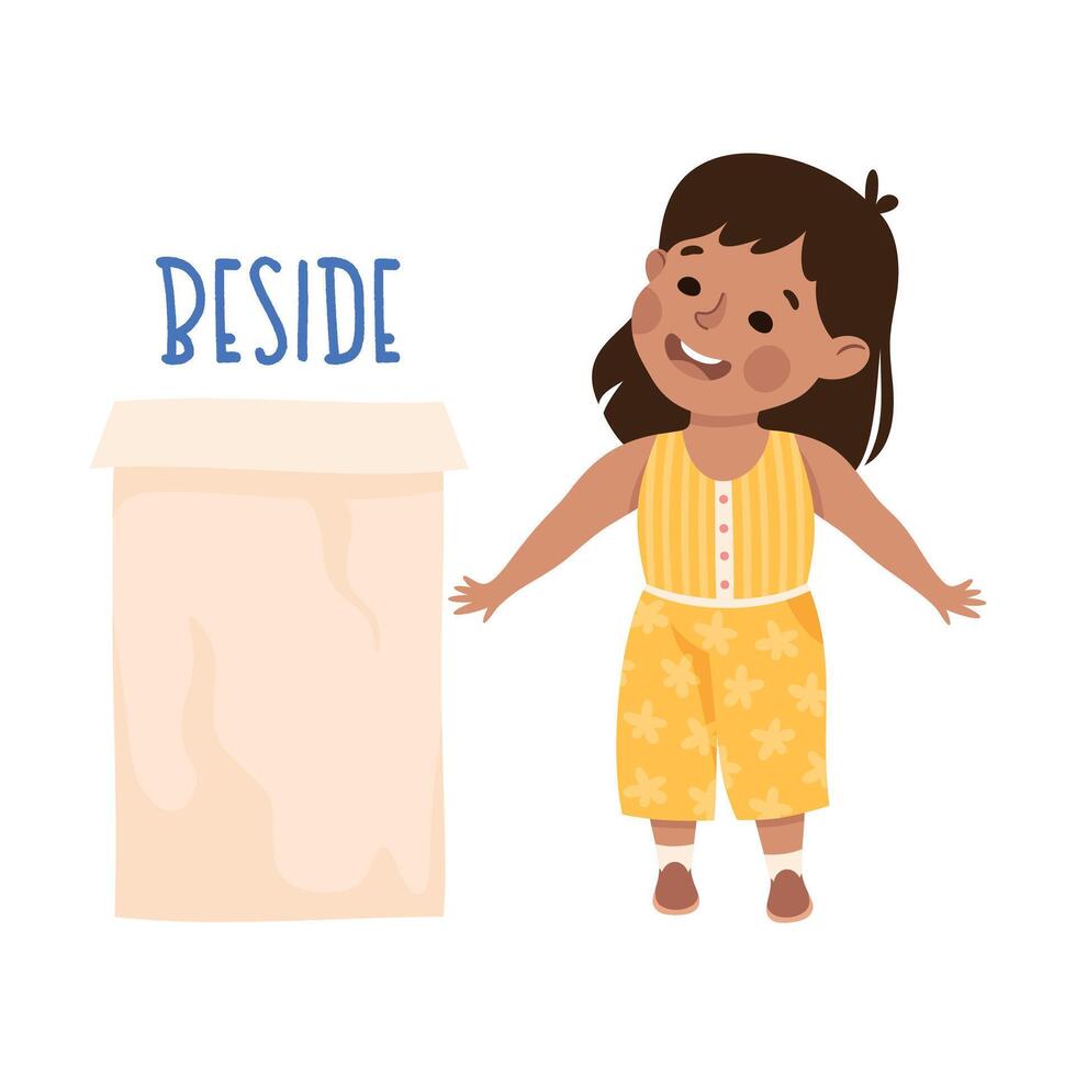 Little Girl Standing Beside Cardboard Box as Preposition Demonstration Illustration vector