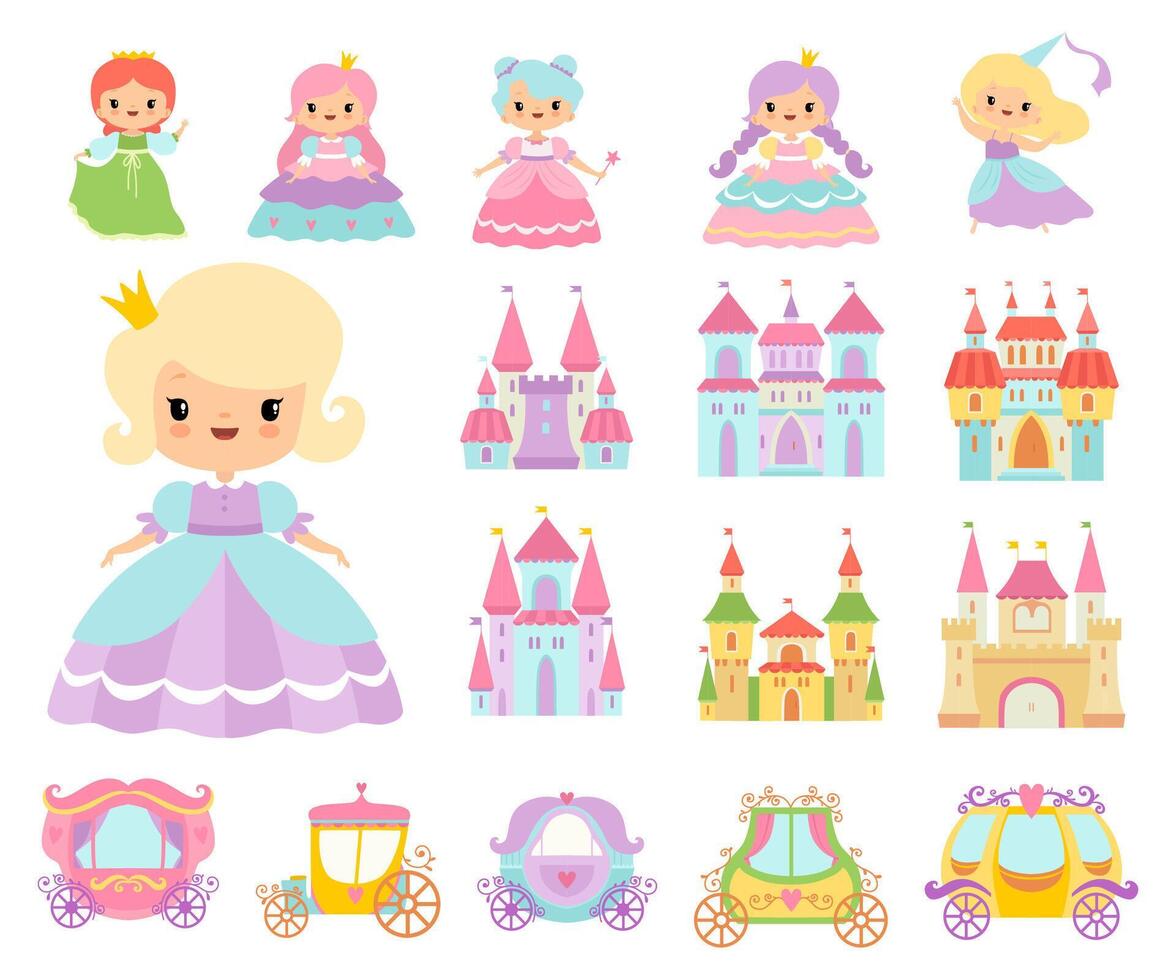 Princess in Pretty Dress with Crown, Castle and Royal Cinderella Carriage Big Set vector