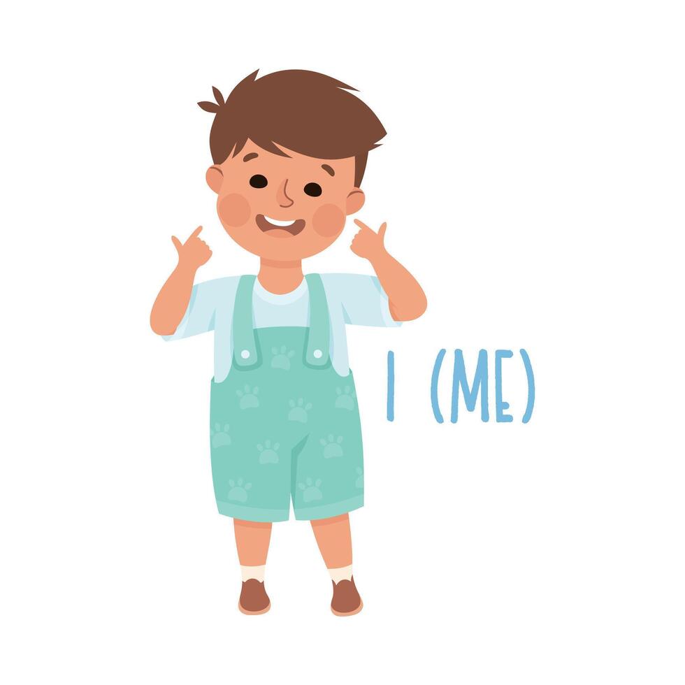 English Subject Pronoun with Funny Boy Demonstrating Me Word Illustration vector