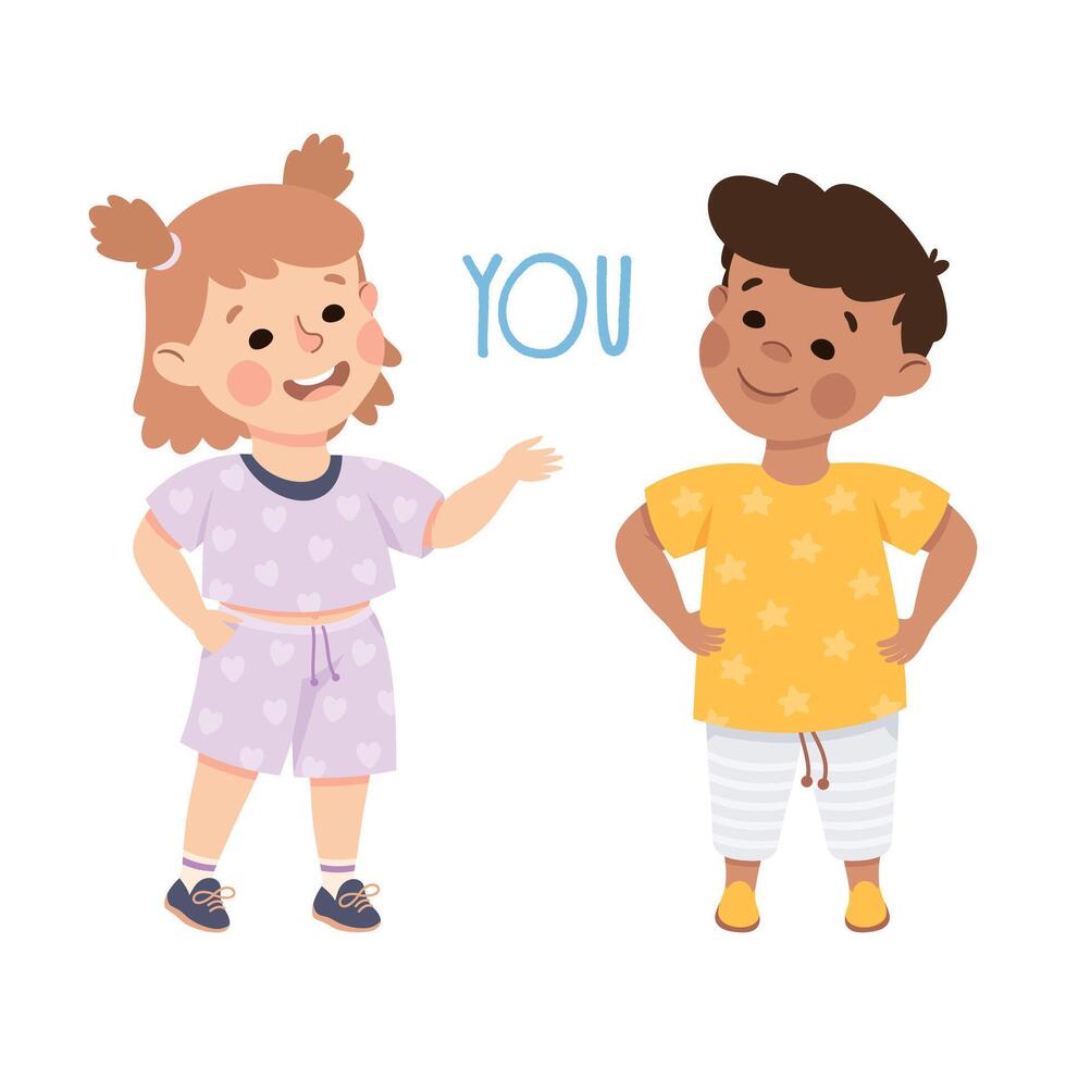 English Subject Pronoun with Funny Boy and Girl Demonstrating You Word Illustration vector