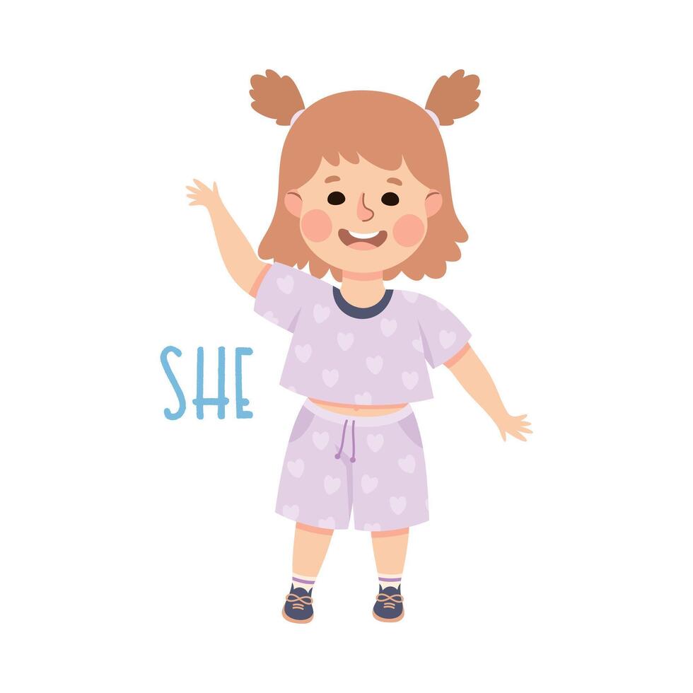 English Subject Pronoun with Funny Girl Demonstrating She Word Illustration vector