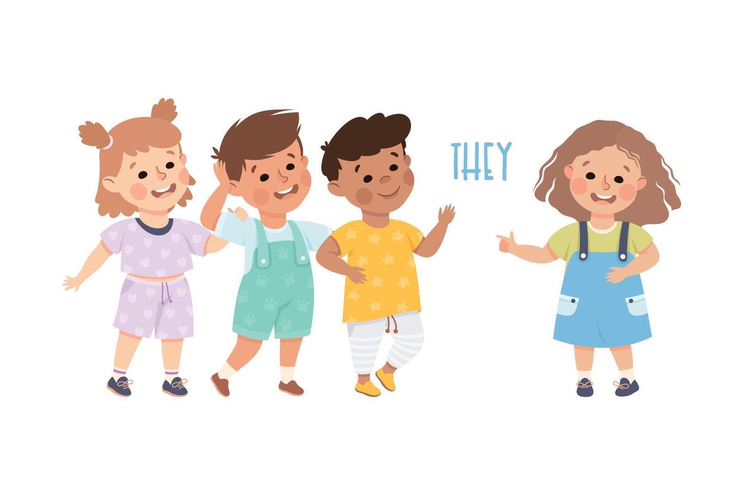 English Subject Pronoun with Funny Boy and Girl Demonstrating They Word Illustration vector