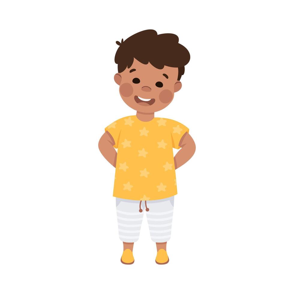 Little Smiling Boy Standing Hiding Hands Behind Illustration vector