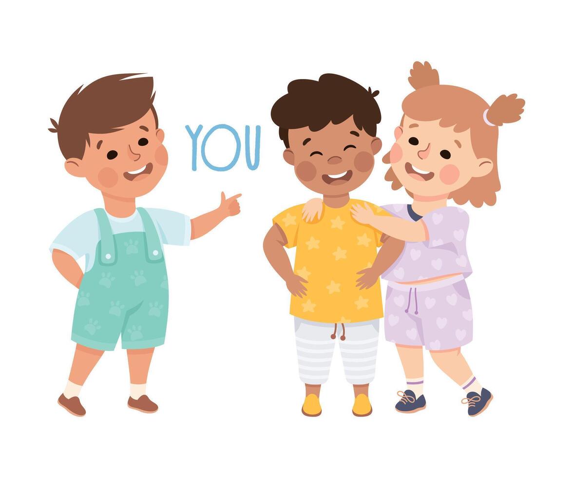 English Subject Pronoun with Funny Boy and Girl Demonstrating You Word Illustration vector
