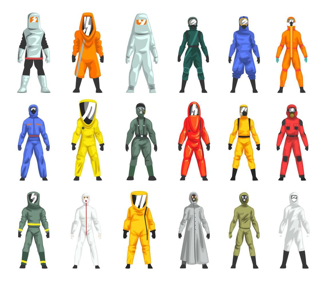 Man in Hazmat Suit as Personal Protective Equipment with Impermeable Garment Big Set vector