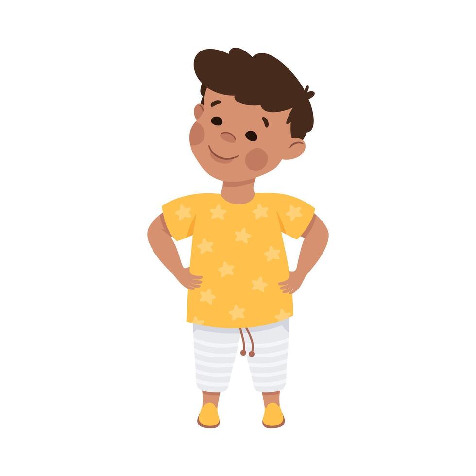 Little Smiling Boy Standing with Hands on Hips Illustration vector