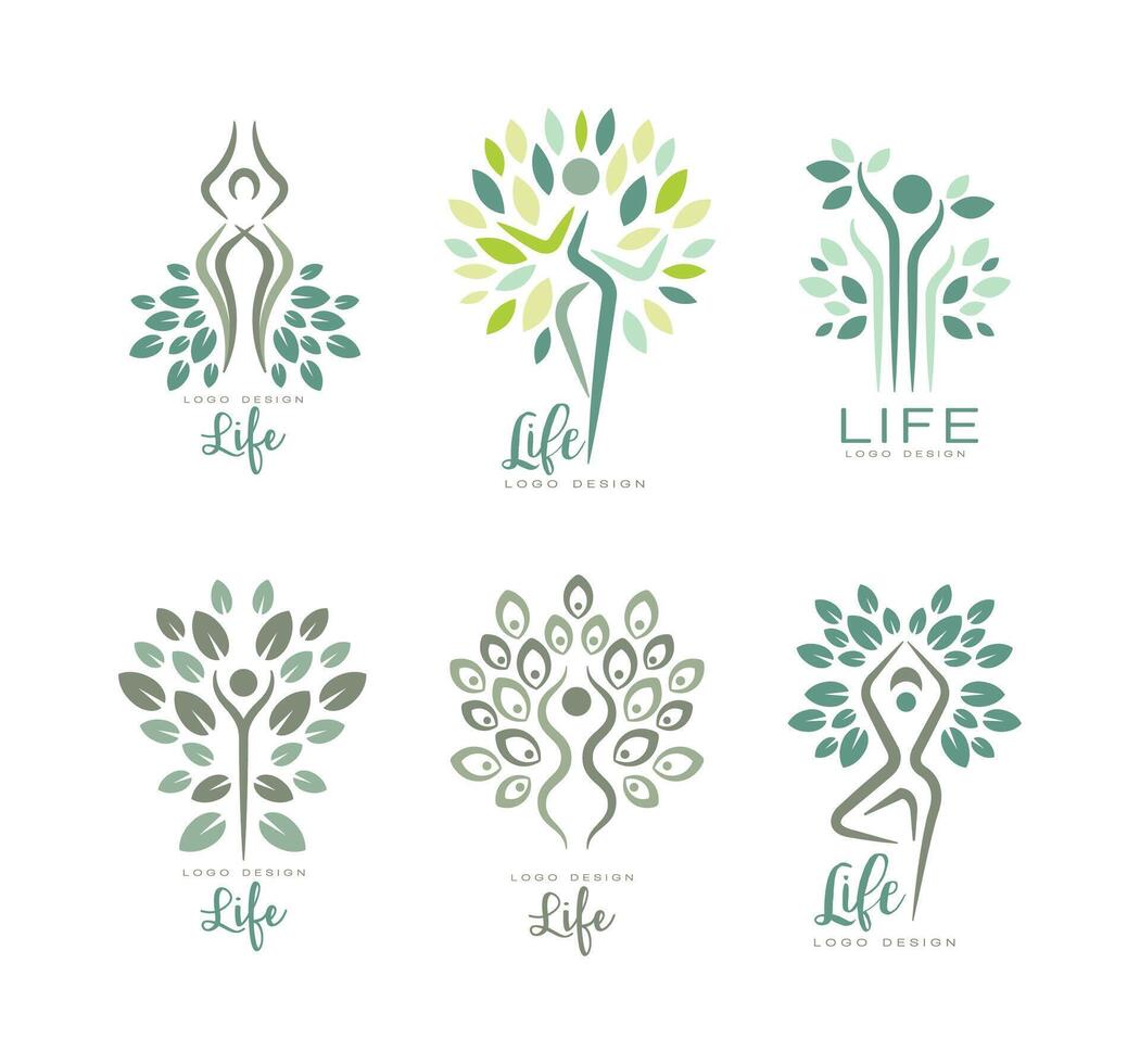 Life Logo Design with Human Silhouette as Tree with Lush Leaf Crown Set vector