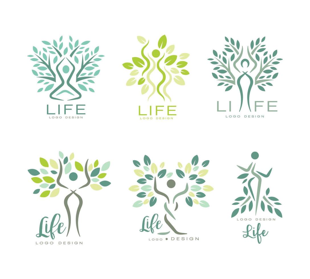 Life Logo Design with Human Silhouette as Tree with Lush Leaf Crown Set vector