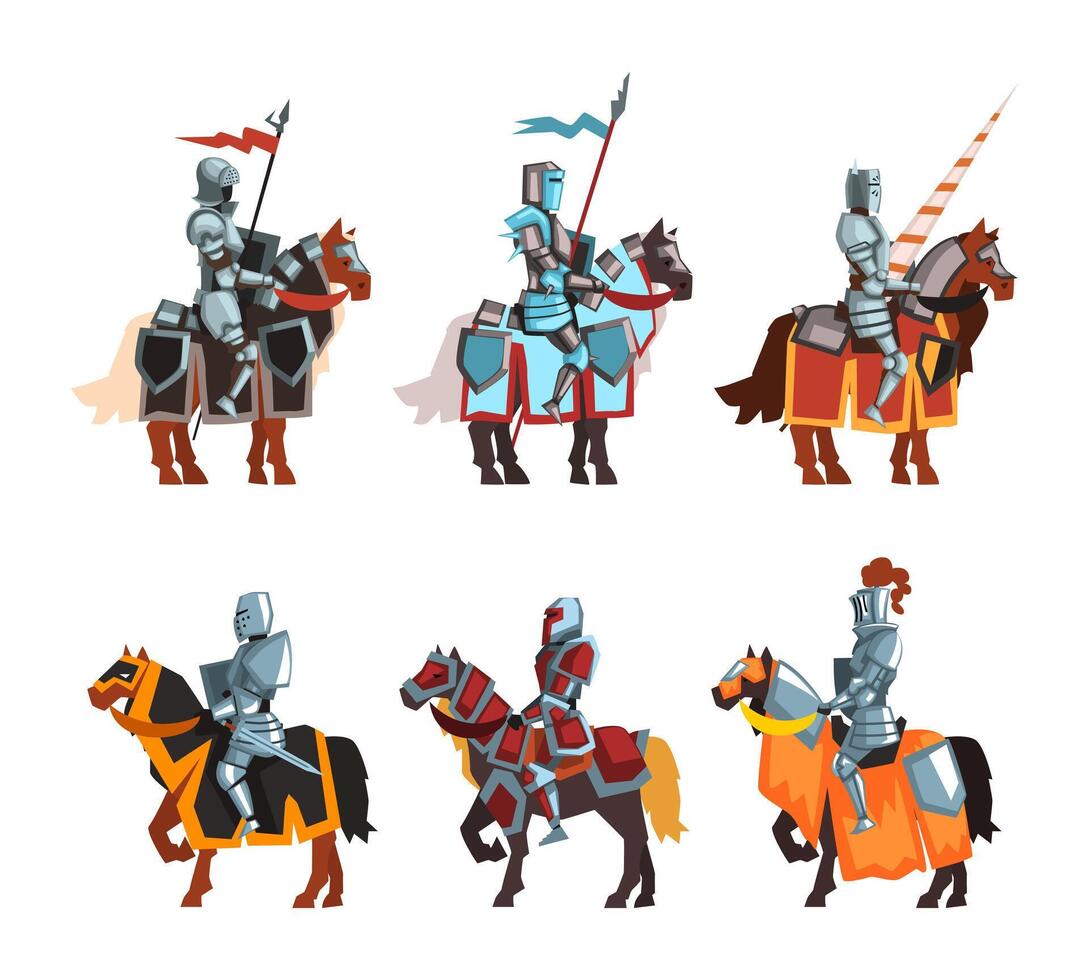 Armored Medieval Knight or Cavalryman Sitting on Horseback Holding Lance Set vector
