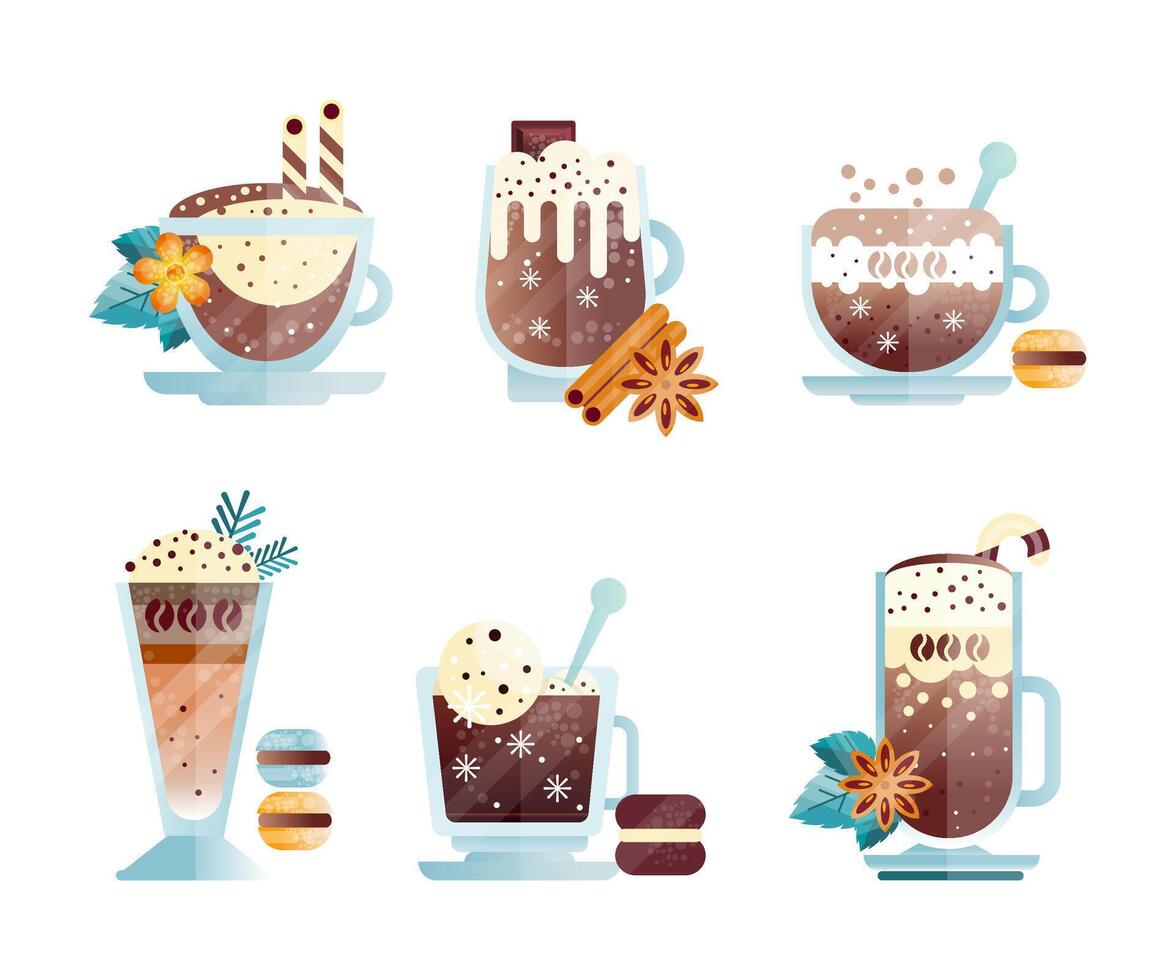 Ice Coffee Drink Mixed with Spice and Milky Cream Poured in Glass Set vector