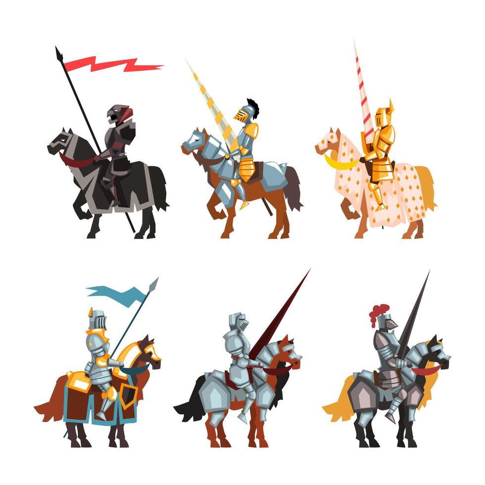 Armored Medieval Knight or Cavalryman Sitting on Horseback Holding Lance Set vector