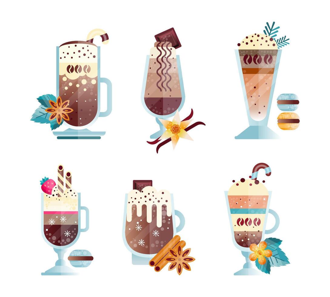 Ice Coffee Drink Mixed with Spice and Milky Cream Poured in Glass Set vector