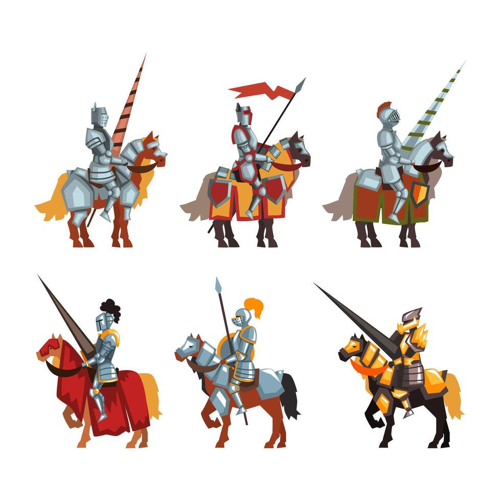 Armored Medieval Knight or Cavalryman Sitting on Horseback Holding Lance Set vector