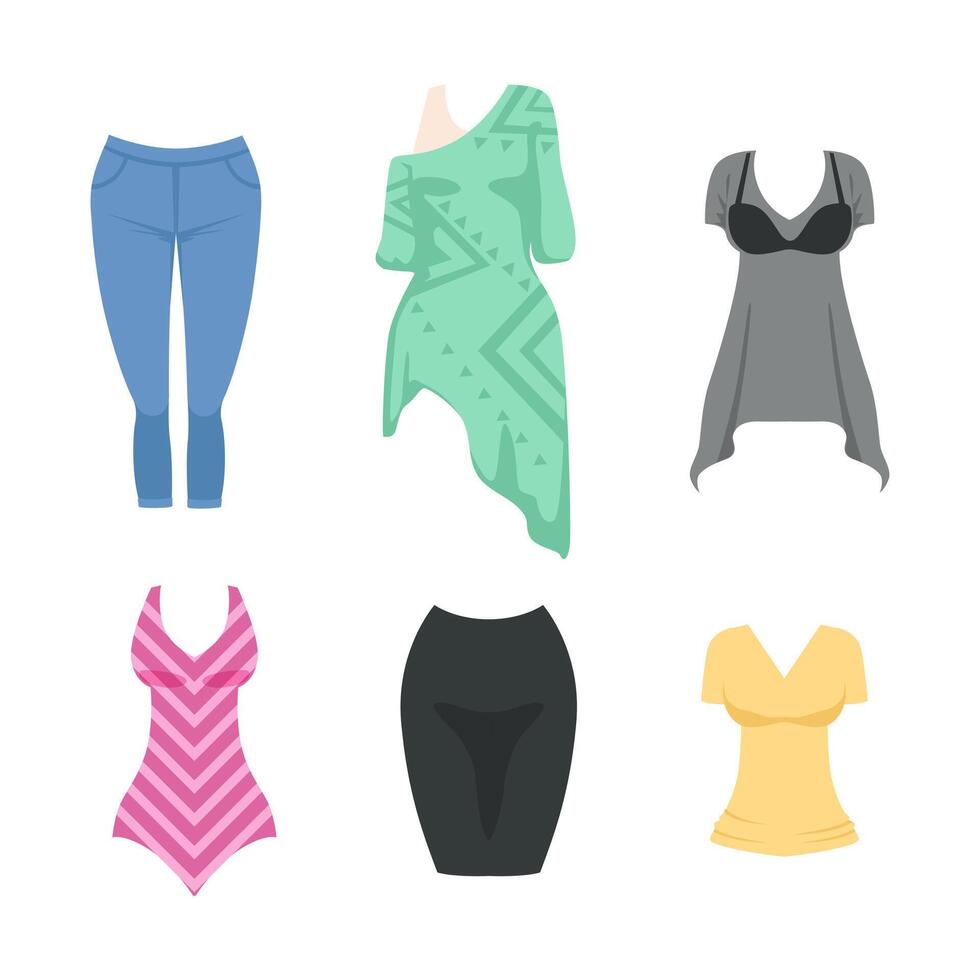 Different Female Clothes and Attire with Skirt, Blouse and Jeans Set vector