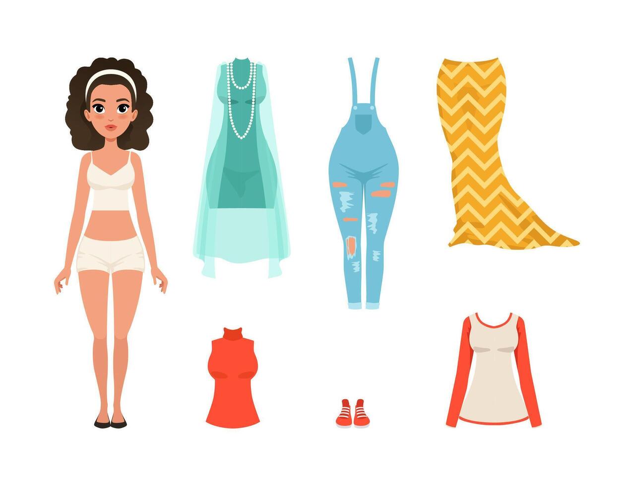 Beautiful Female in Underwear with Different Clothes Around for Dress Up Set vector