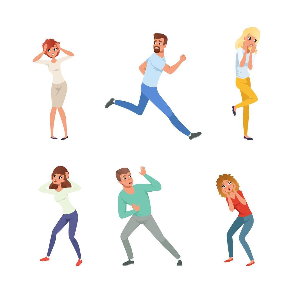 People Character Afraid of Something Feeling Scared and Terrified Screaming and Escaping Illustration Set vector