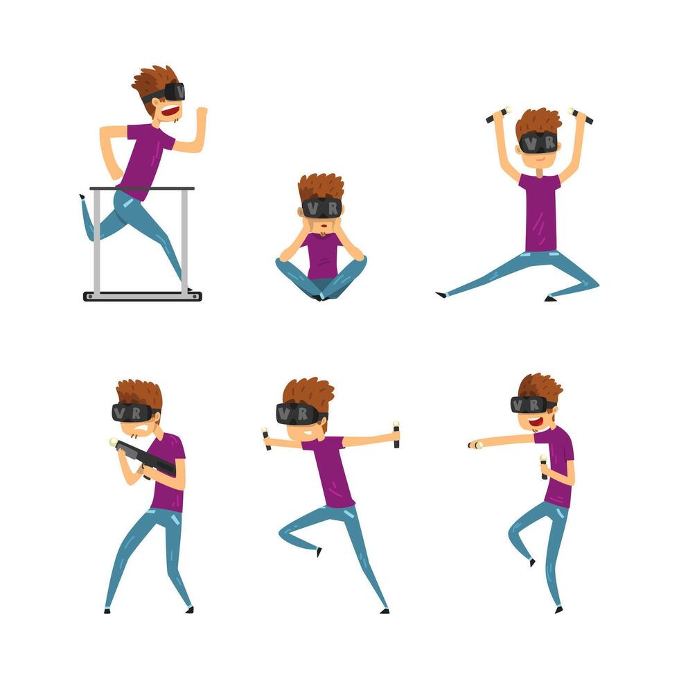 Young Man Wearing VR Glasses Interacting with Invisible Virtual Object Set vector