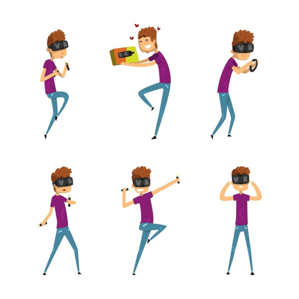 Young Man Wearing VR Glasses Interacting with Invisible Virtual Object Set vector