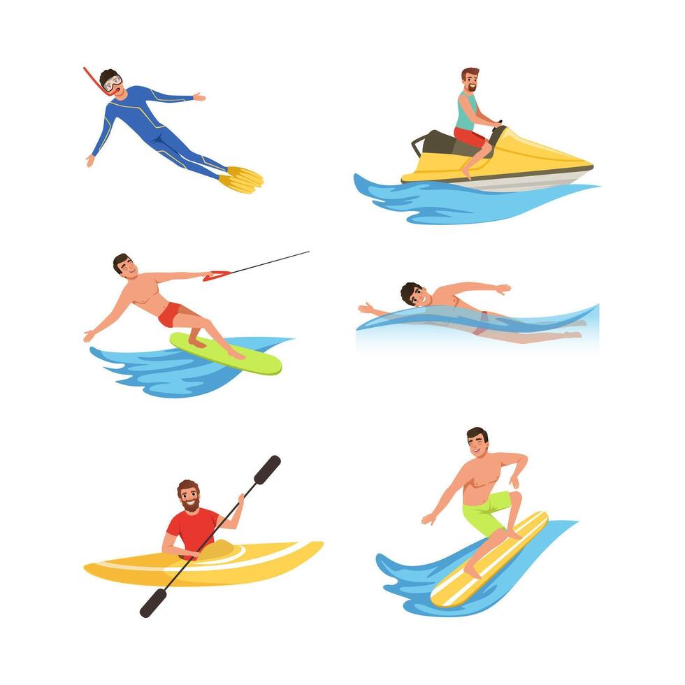 Man Enjoying Water Sport Activity Swimming, Diving with Snorkeling Tube, Sailing Boat and Surfboarding Set vector