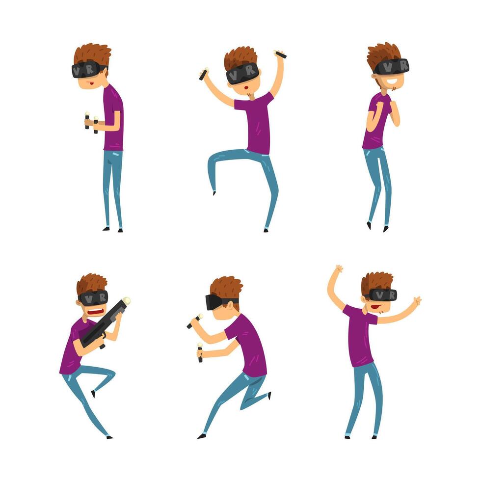 Young Man Wearing VR Glasses Interacting with Invisible Virtual Object Set vector