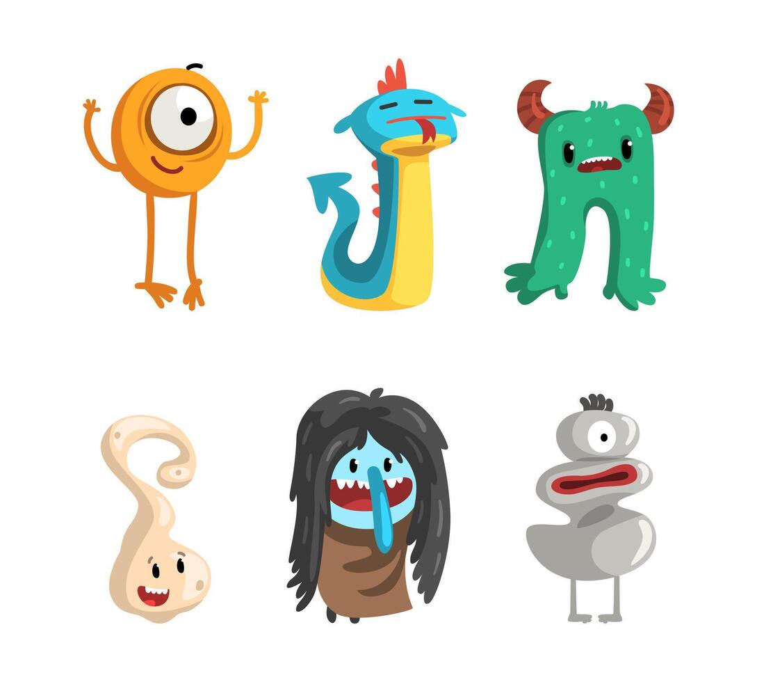 Cute Cartoon Monsters with Smiling Faces and Funky Shapes Set vector