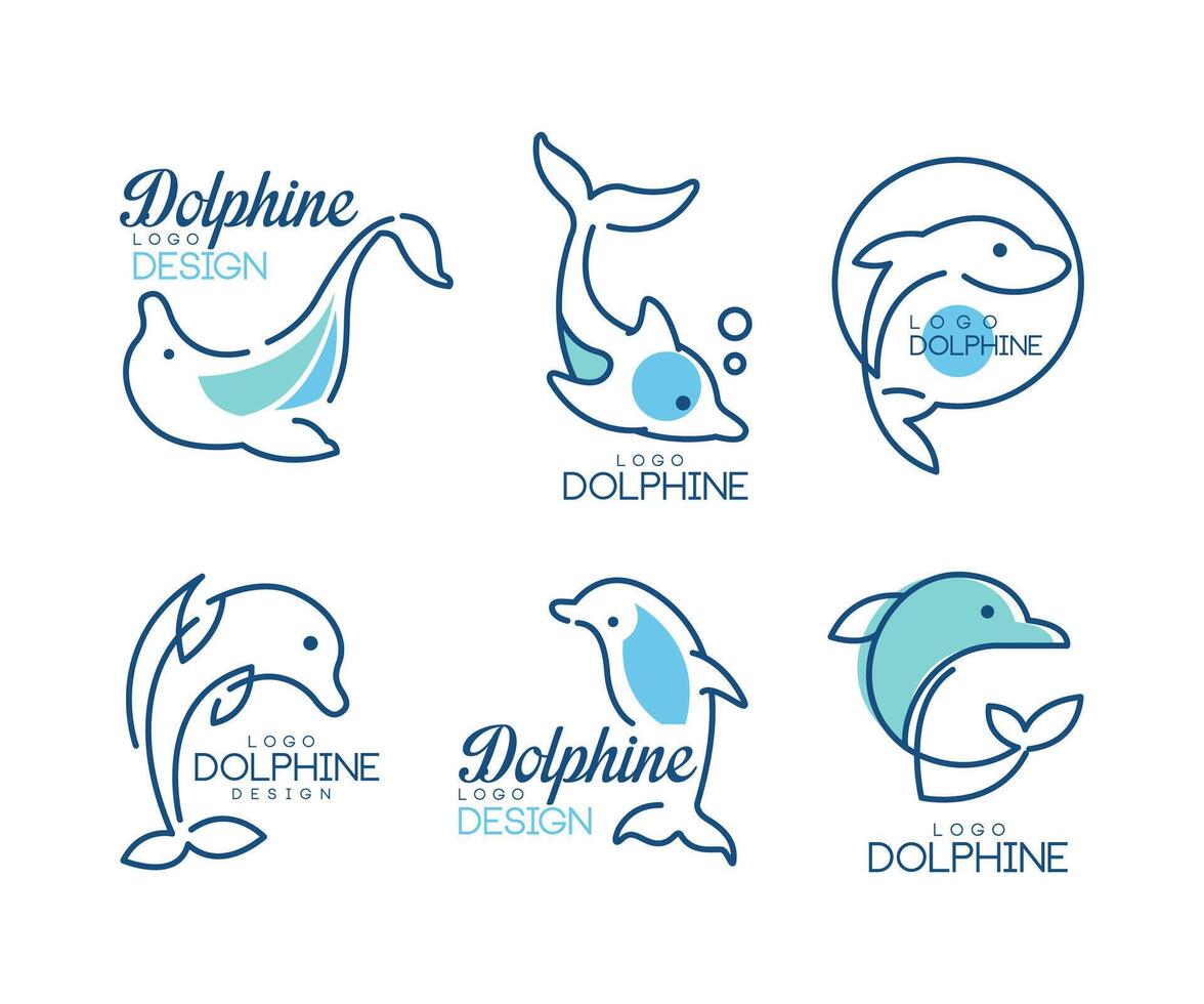 Dolphin Logo Template with Nautical Design Elements in Blue Color Set vector