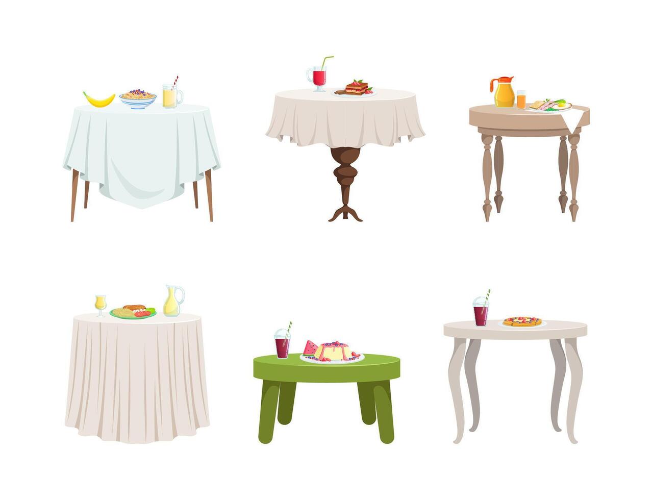 Tables Covered with Tablecloth and Served with Food Set vector