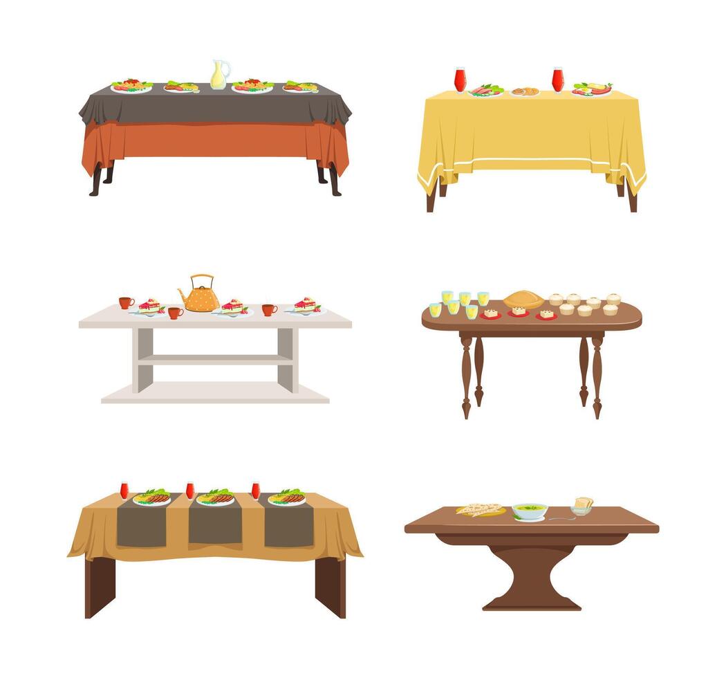Tables Covered with Tablecloth and Served with Food Set vector