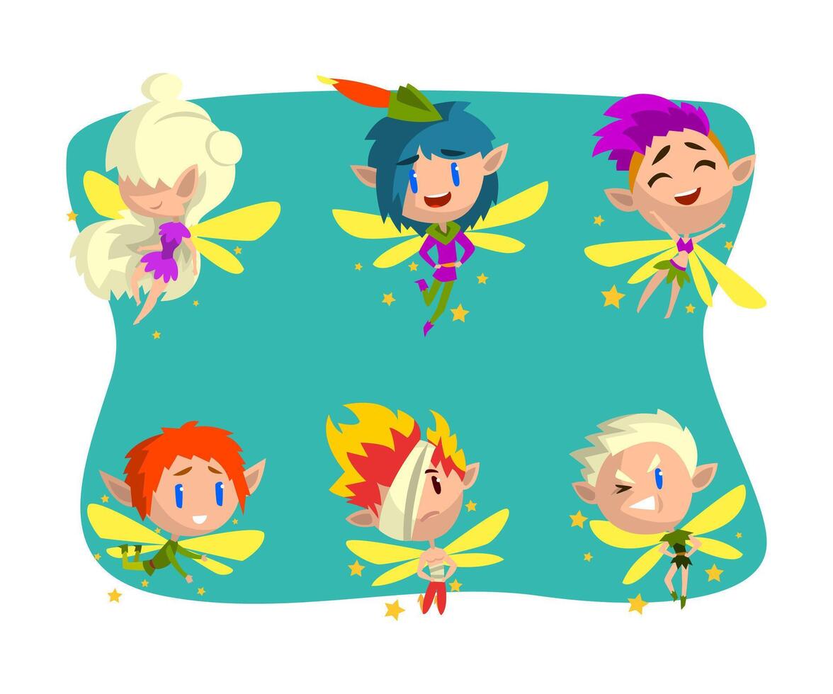 Little Pixie or Fairy with Wings and Fancy Hairstyle Set vector
