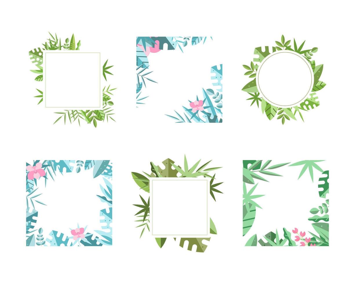 Square Frames with Green Leaves Around Border Set vector