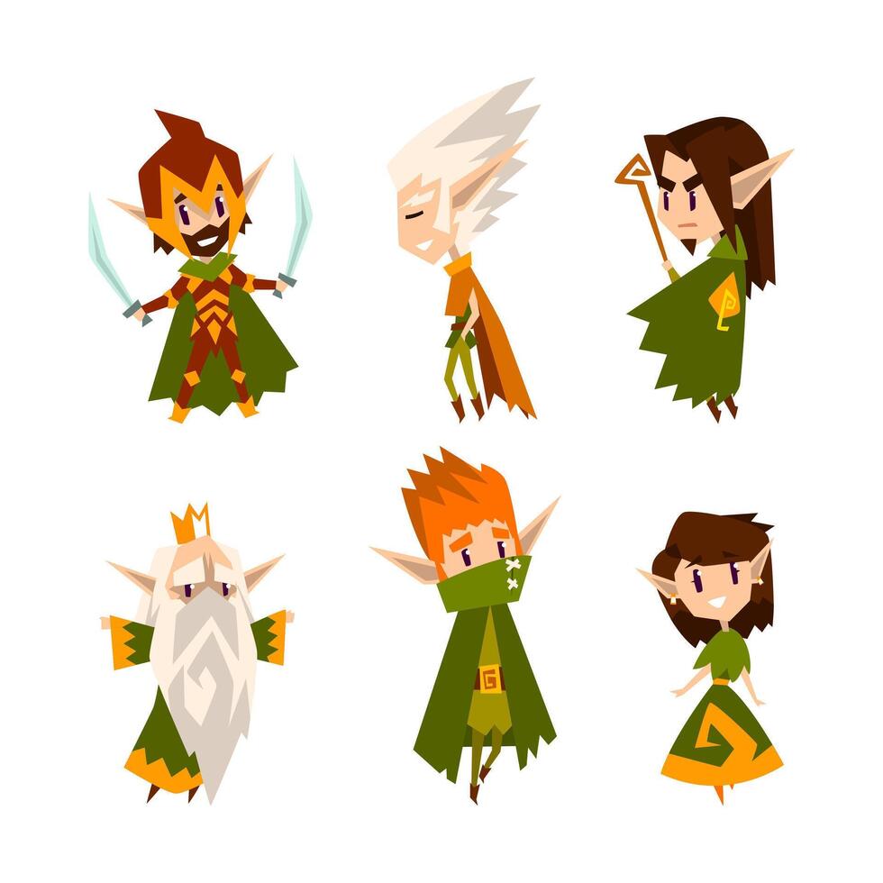 Cute Forest Elves as Fairytale Magic Characters with Pointed Ears in Green Clothes Set vector