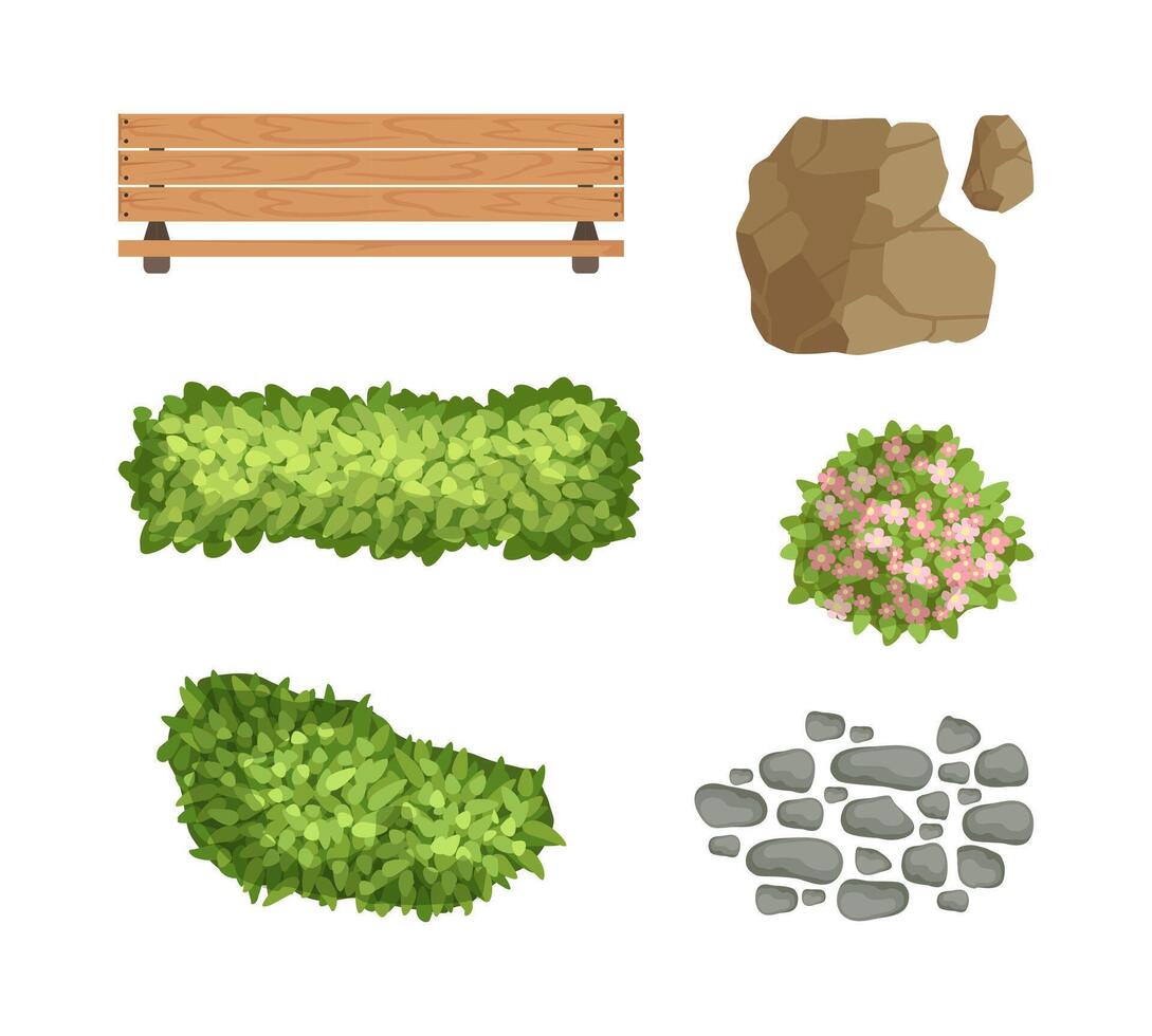 Wooden Bench, Boulder, Green Bush and Pebbles as Landscape Elements Set vector
