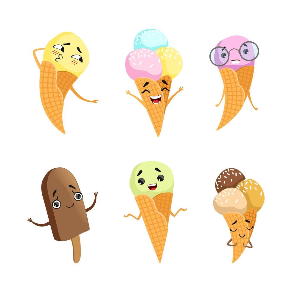 Sweet Ice Cream Characters Smiling, Laughing and Kissing Set vector