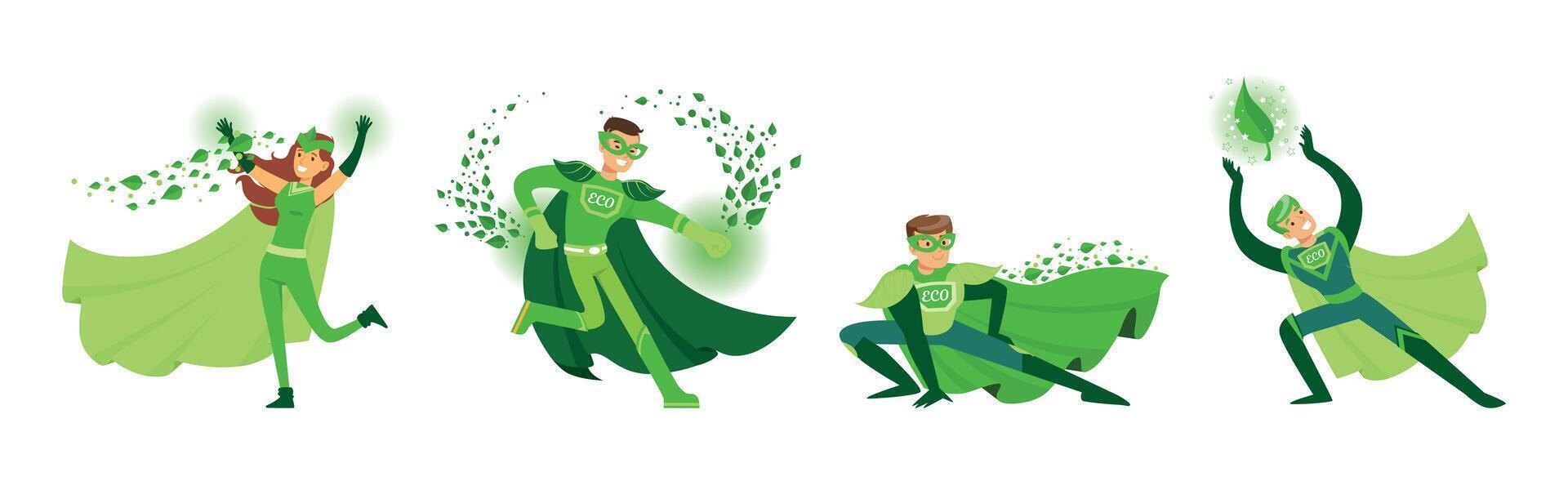 Eco Superhero Man and Woman Character in Green Cloak and Mask Set vector