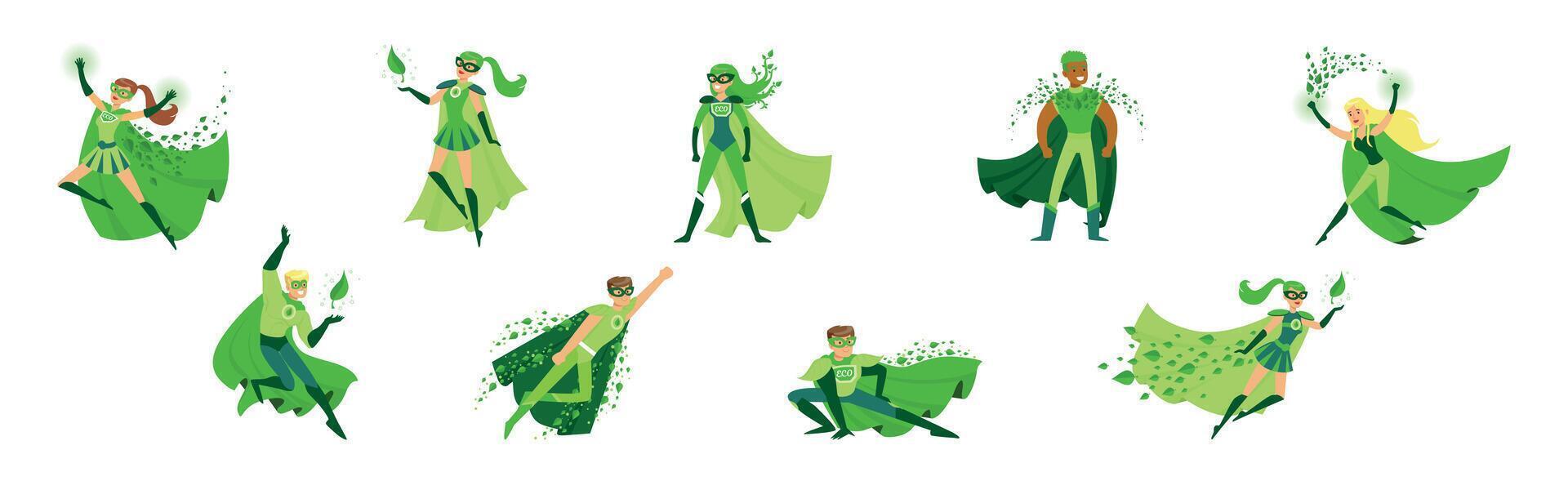 Eco Superhero Man and Woman Character in Green Cloak and Mask Set vector