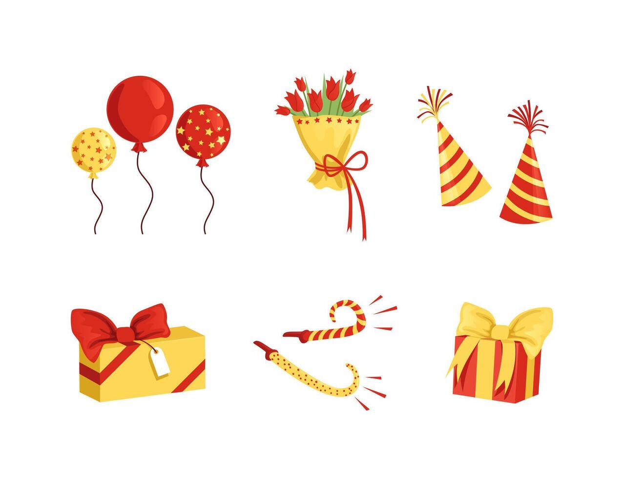 Gift Box, Cap, Whistle, Balloons and Bouquet of Flowers as Birthday Party Attribute Set vector