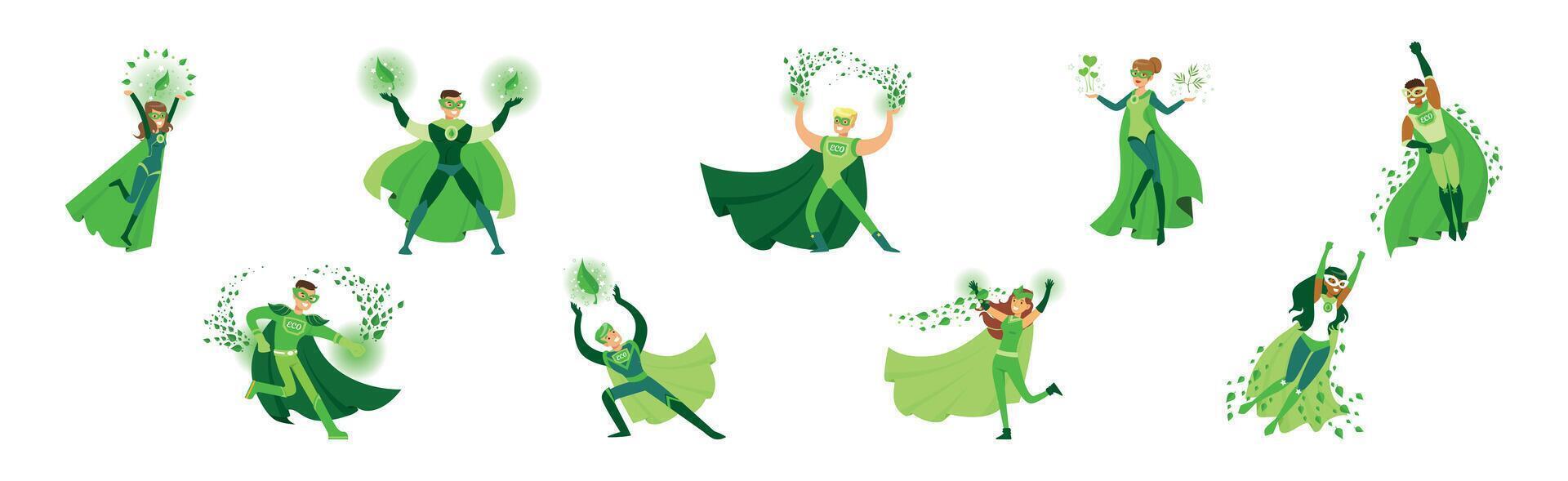 Eco Superhero Man and Woman Character in Green Cloak and Mask Set vector