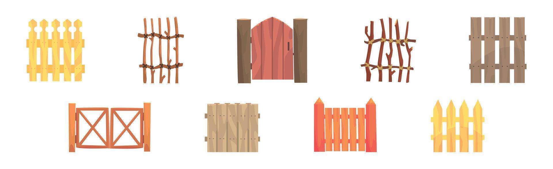 Rural Fence Made of Wood and Lumber Material Set vector